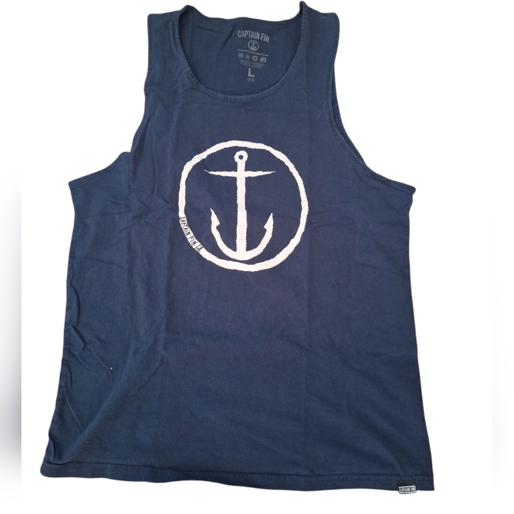Captain Fin Navy Graphic Muscle Tank Top with Anchor Logo L